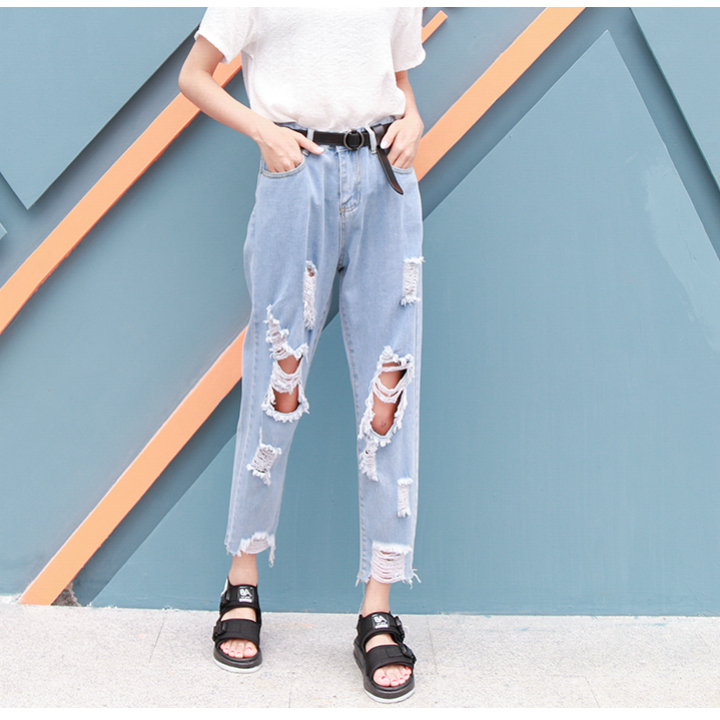 quần jeans lửng rách gối unisex 